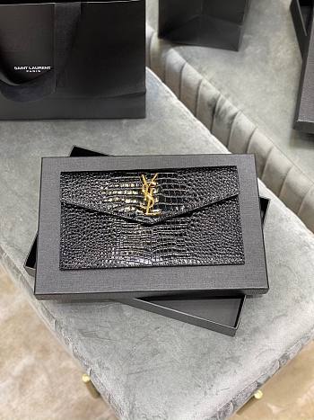 YSL| Uptown Pouch In Crocodile Embossed Shiny Leather Black  - 27×16×2cm