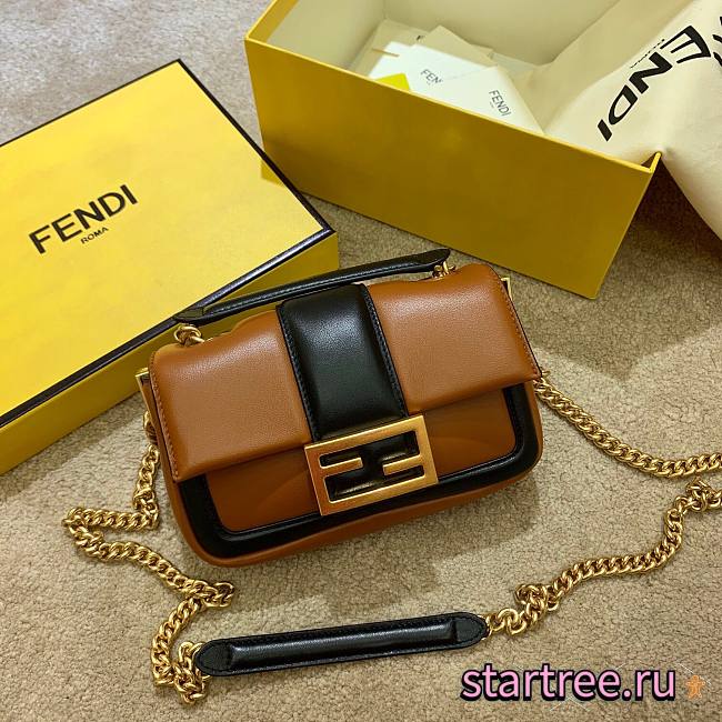 Fendi|Mini Baguette Chain Brown And Black Nappa Leather Bag- 8BS045 - 19x10x4cm - 1