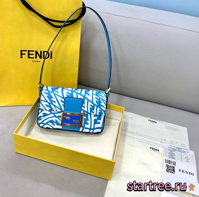 Fendi| Mini Baguette 1997 Blue Glazed Canvas Bag- 19x5x10cm - 1