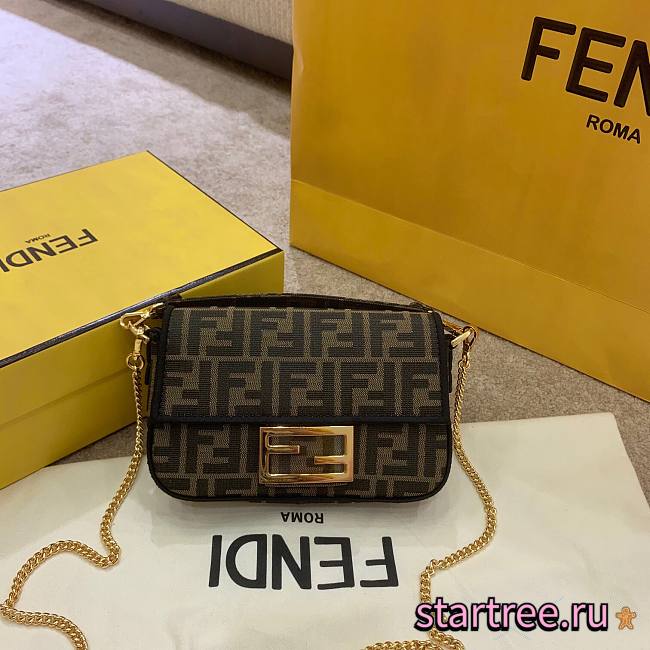 Fendi| Mini Baguette Brown Fabric Bag- 19x10x4cm - 1