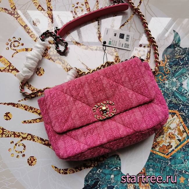 Chanel |19  Flap Bag Quilted Tweed Pink - 26cm - 1