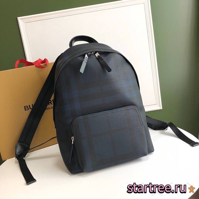 BURBERRY |London Check and Navy Leather Backpack - 29 x 15 x 40cm - 1