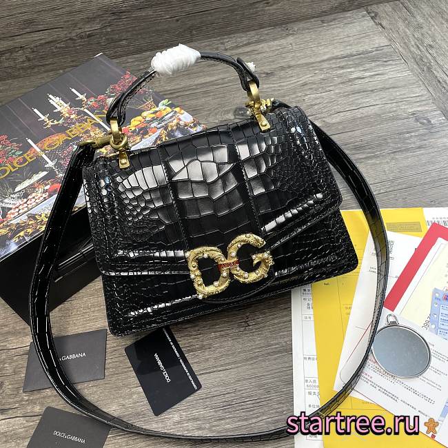 DG | Amore Black Crocodile Leather Bag - 27 x 8 x 18 cm - 1