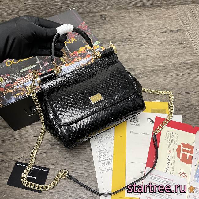 DG | Sicily Black Python handbag with gold strap - 20 x 9.5 x 14cm - 1
