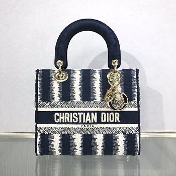 DIOR Medium Lady D-Lite Bag Blue/White D-Stripes - M0565 - 24 x 20 x 11 cm