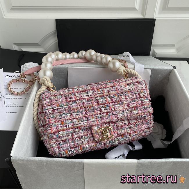 CHANEL Pink Tweed Fabric & Pearls Classic Single Flap Bag-26x16x5cm - 1