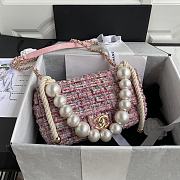 CHANEL Pink Tweed Fabric & Pearls Classic Single Flap Bag-26x16x5cm - 5