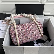 CHANEL Pink Tweed Fabric & Pearls Classic Single Flap Bag-26x16x5cm - 2