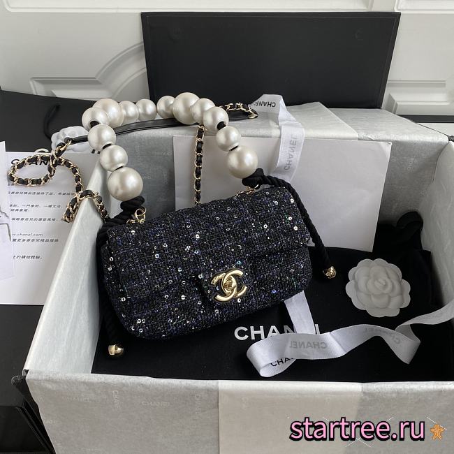 CHANEL Black Tweed Fabric & Pearls Classic Single Flap Bag-26x16x5cm - 1