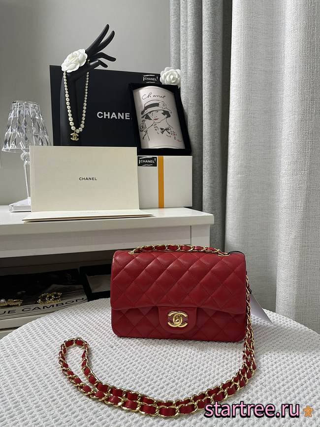 Chanel Mini Classic Flap Lambskin Rose Red-20cm - 1