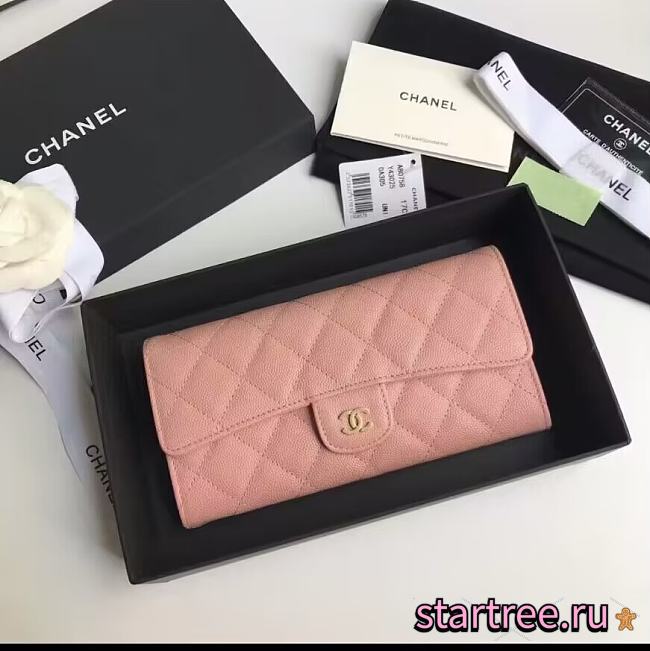 Chanel Classic Long Flap Wallet Caviar Leather Pink- 10.5x19.4x3 cm - 1
