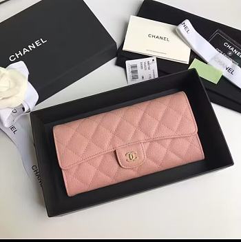 Chanel Classic Long Flap Wallet Caviar Leather Pink- 10.5x19.4x3 cm