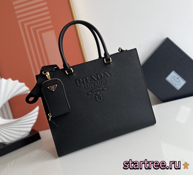 PRADA Saffiano Lux Shoulder Bag Black-33cm - 1