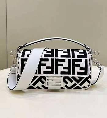 Fendi Baguette White and black canvas bag with FF embroidery