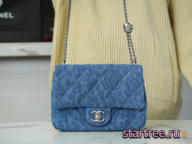 CHANEL Denim Quilted Camellia Mini Flap Bag - 1