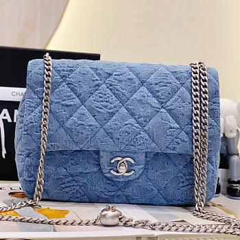 CHANEL Denim Quilted Camellia Medium Flap Bag