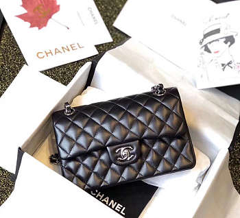 Chanel Double Flap Bag Lambskin Black with Silver Hardware 23cm