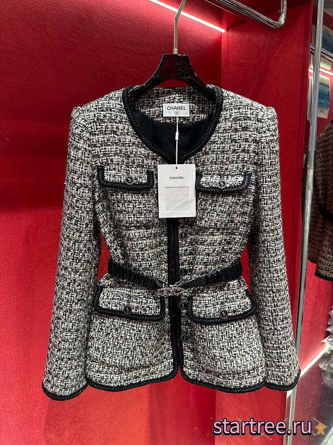 Chanel Tweed Black Long Jacket With belt - 1