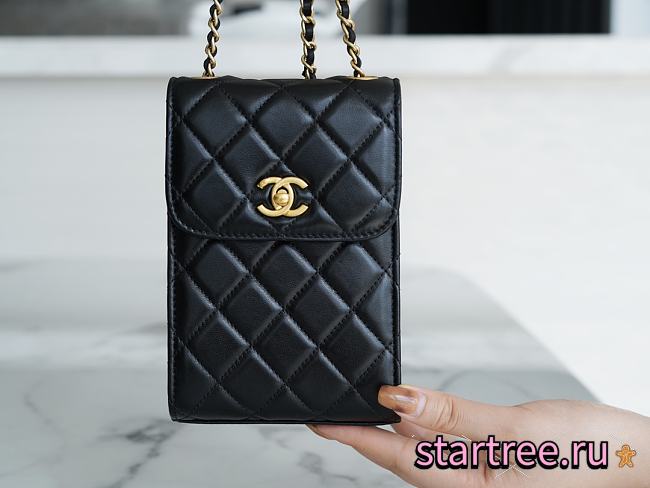 CHANEL Lambskin Quilted Flap Phone Holder With Chain Black - 1