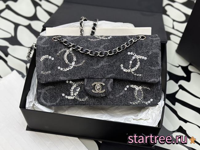 Chanel Classic Handbag Embroidered Denim Black - 1