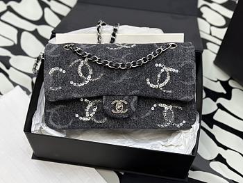 Chanel Classic Handbag Embroidered Denim Black