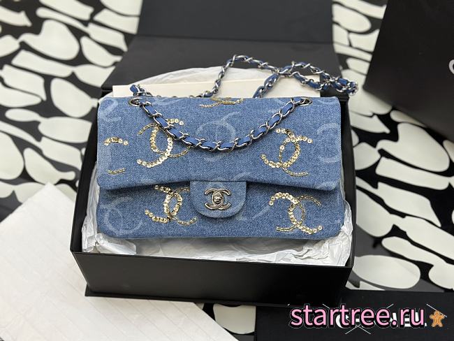 Chanel Classic Handbag Embroidered Denim Blue - 1