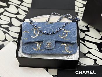 Chanel Classic Handbag Embroidered Denim Blue