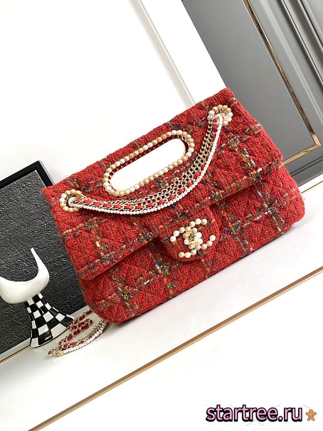 CHANEL 2023 Fall Red Tweed Large Double Flap Chain & Pearl Embellished Bag - 1