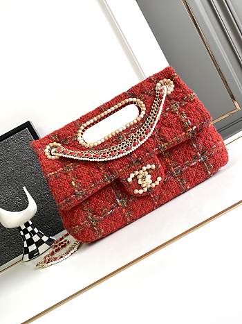 CHANEL 2023 Fall Red Tweed Large Double Flap Chain & Pearl Embellished Bag