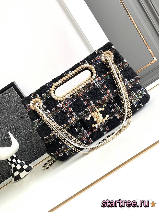 CHANEL 2023 Fall Black Tweed Large Double Flap Chain & Pearl Embellished Bag - 1
