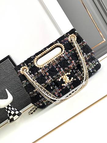 CHANEL 2023 Fall Black Tweed Large Double Flap Chain & Pearl Embellished Bag