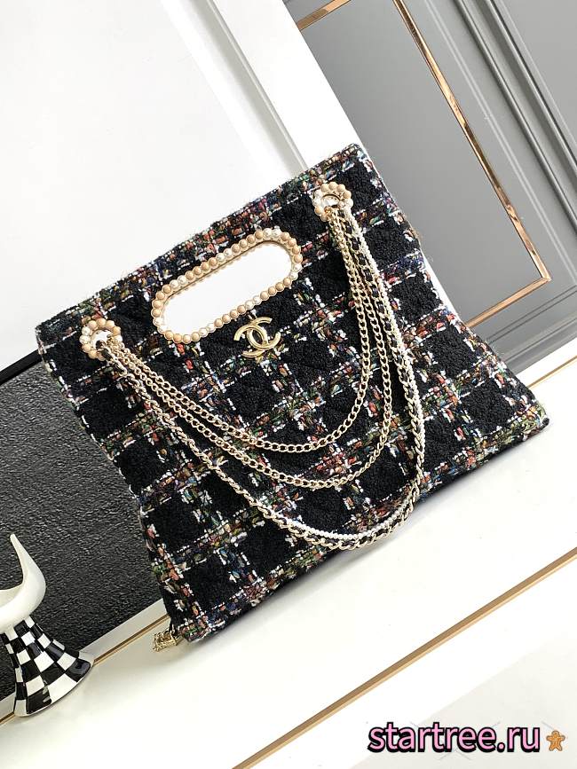 CHANEL 2023 Fall Black Tweed Chain & Pearl Embellished Bag - 1