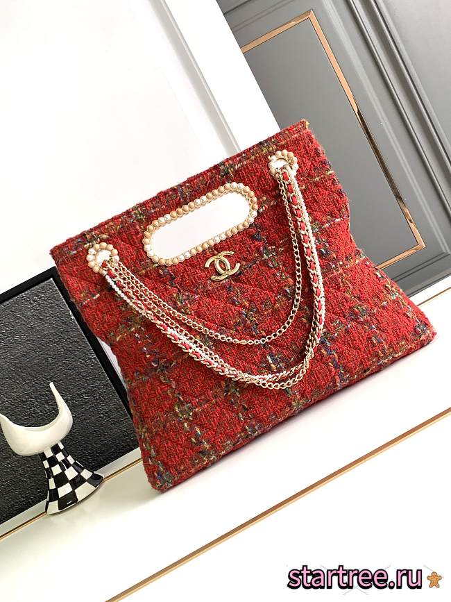 CHANEL 2023 Fall Red Tweed Chain & Pearl Embellished Bag - 1