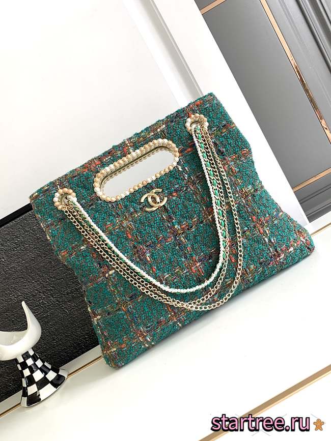 CHANEL 2023 Fall Green Tweed Chain & Pearl Embellished Bag - 1