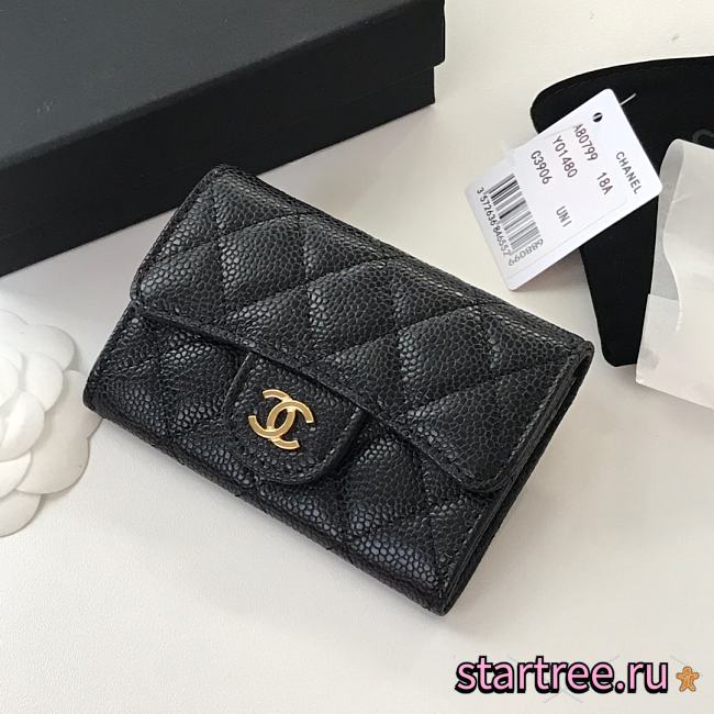 CHANEL Card Holder Caviar leather Black Gold-11*8.5*3cm - 1