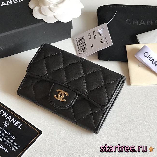 CHANEL Card Holder Lambskin leather Black Gold-11*8.5*3cm - 1