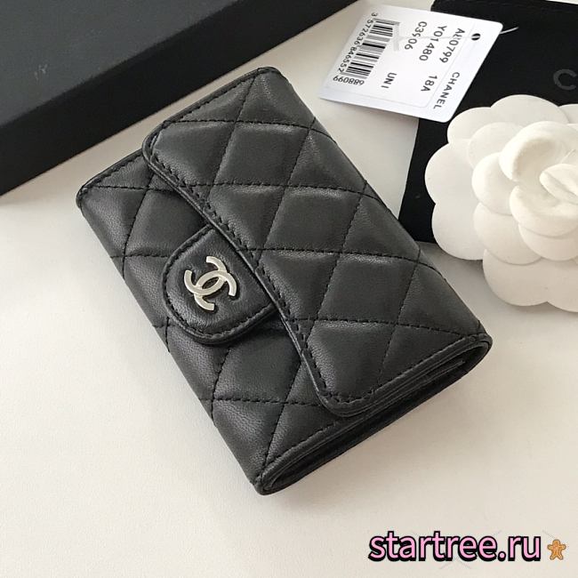 CHANEL Card Holder Lambskin leather Black Silver-11*8.5*3cm - 1