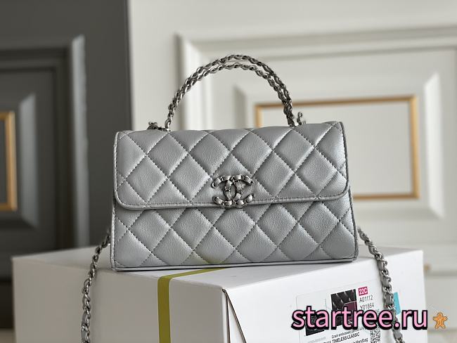 CHANEL Metallic Lambskin Quilted Chain Top Handle Clutch With Chain Silver - 1