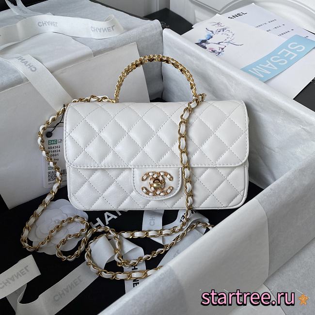 Chanel Mini Classic Bag With Diamond Handle In White - 1