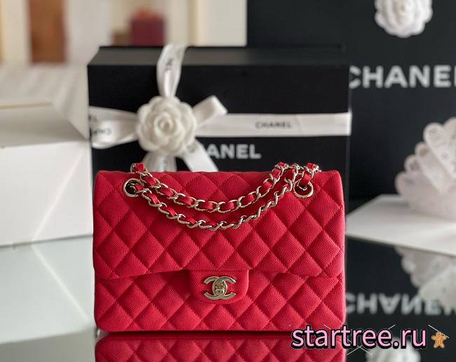 Chanel Small Classic Flap Calfskin Leather Bag Gold Red 23cm - 1