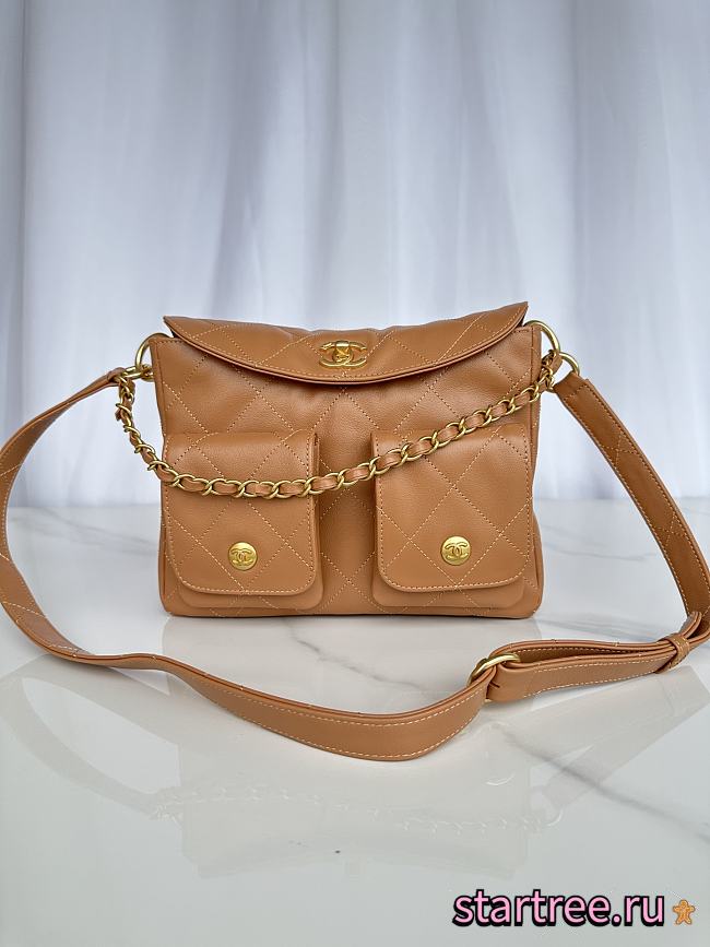 Chanel Double Pocket Hobo Bag Caramel Calfskin Gold Hardware-25x20x8cm - 1