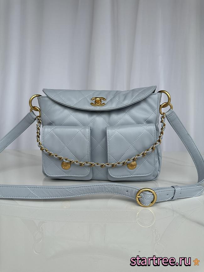 Chanel Double Pocket Hobo Bag Blue Calfskin Gold Hardware-25x20x8cm - 1