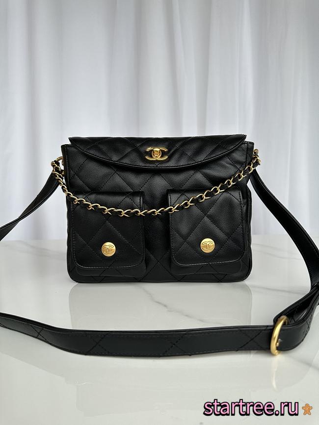 Chanel Double Pocket Hobo Bag Black Calfskin Gold Hardware-25x20x8cm - 1