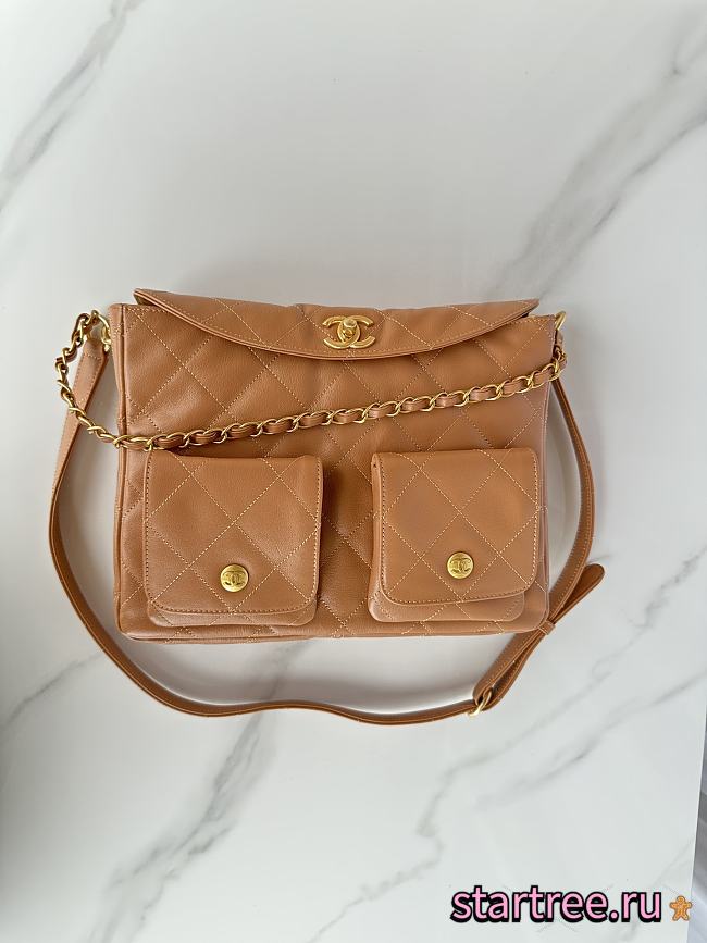 Chanel Double Pocket Hobo Bag Caramel Calfskin Gold Hardware-30x24x10cm - 1