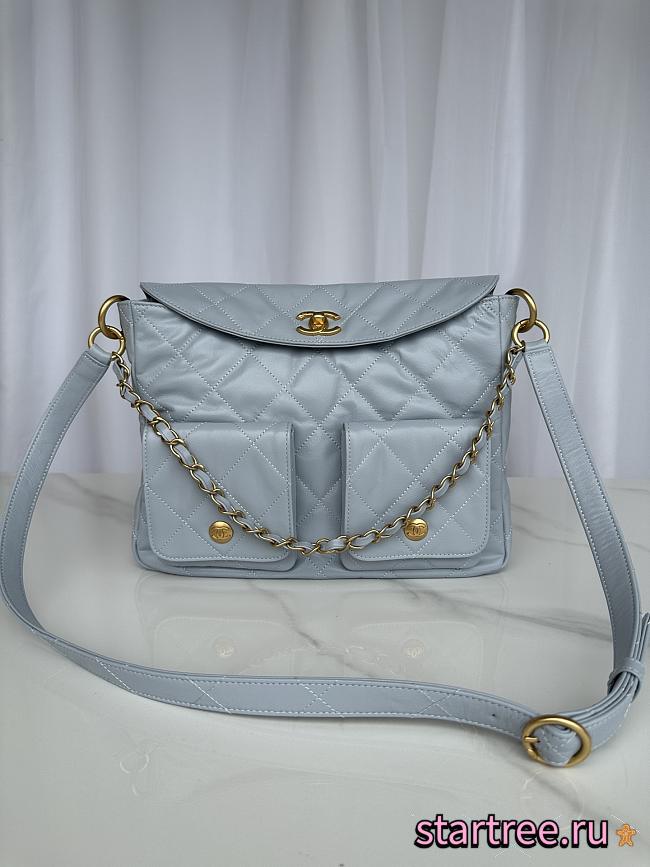 Chanel Double Pocket Hobo Bag Blue Calfskin Gold Hardware-30x24x10cm - 1