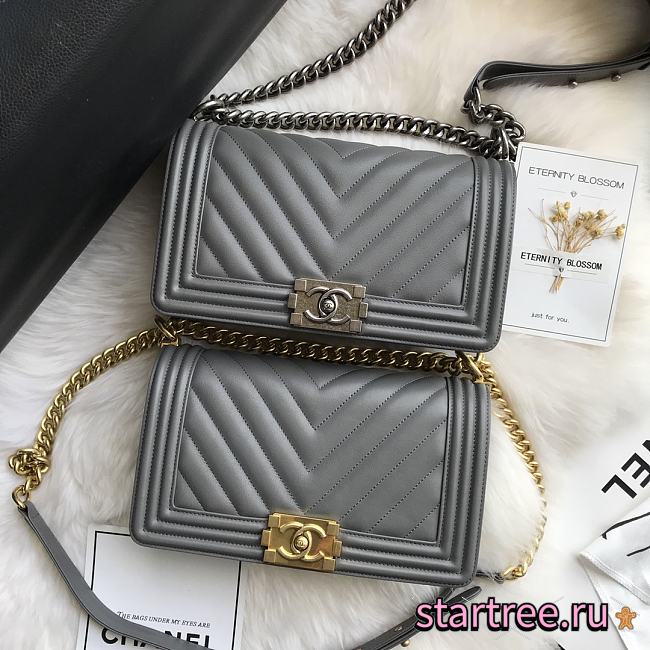 Chanel Chevron Medium Boy Bag Grey Calfskin Gold/Silver Hardware - 1