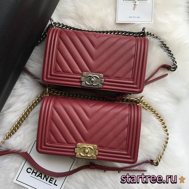 Chanel Chevron Medium Boy Bag Burgundy Calfskin Gold/Silver Hardware - 1