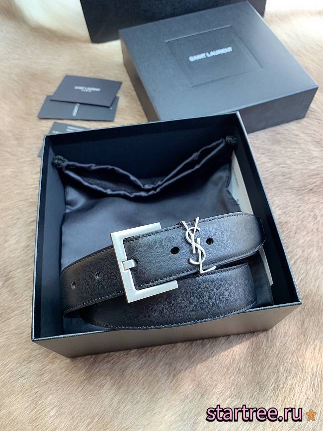 YSL Belt IN SHINY BOX SAINT LAURENT LEATHER Silver-3cm - 1