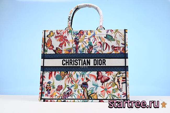 Dior Large Book Tote White fabric with multi-color Fantastica Jouy print embroidery - 1