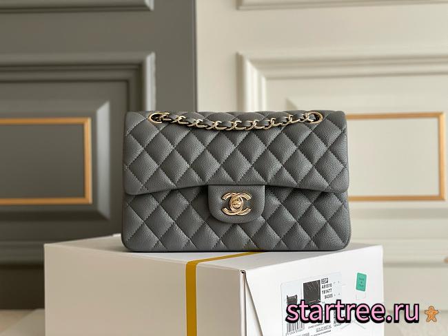 Chanel Classic Flap Bag Caviar Leather Gold Hardware Gray-23cm - 1